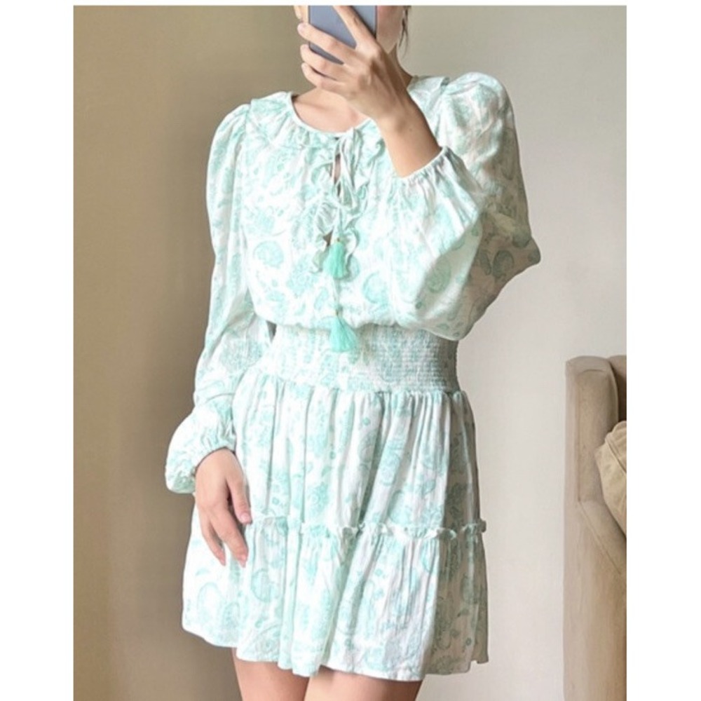 House of Harlow 1960 Mini Dress Mint Green Paisley Smocked XS